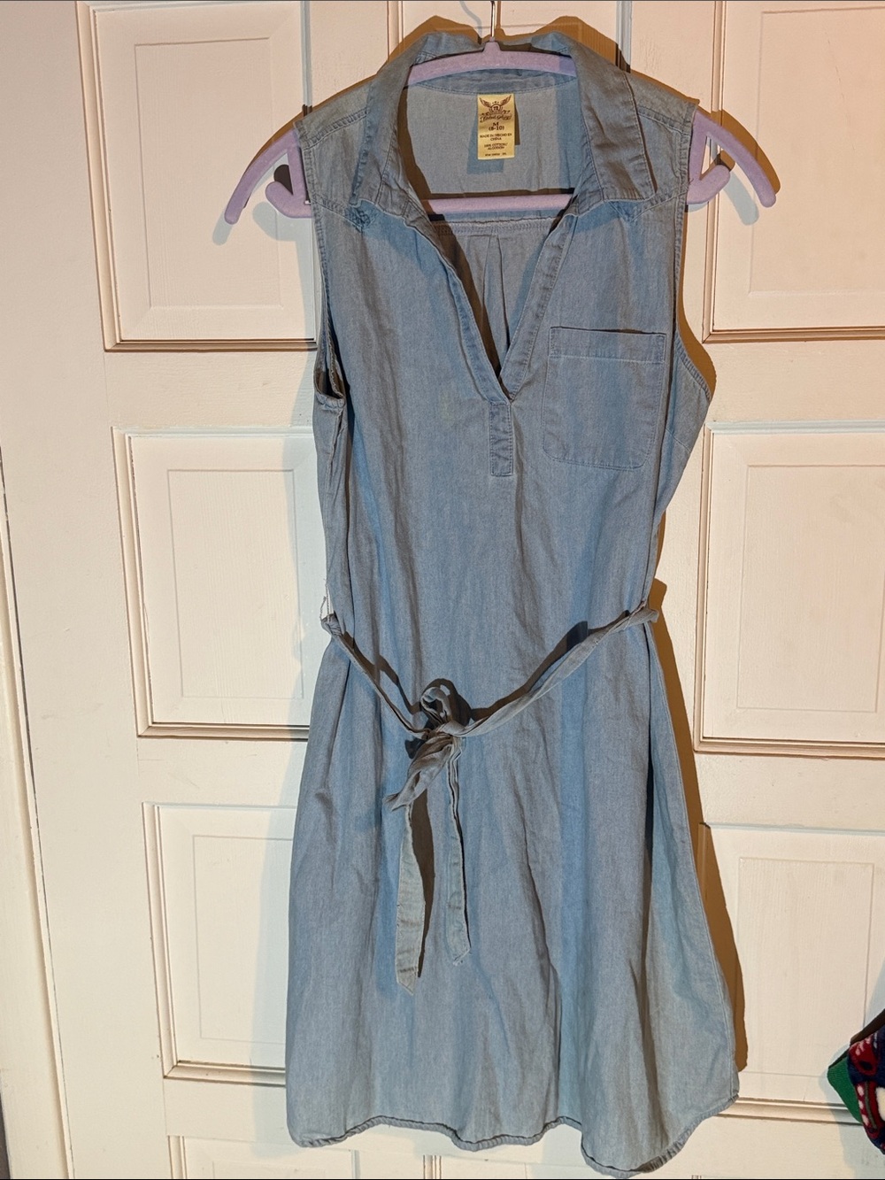 Faded Glory Light Blue Sleeveless Denim Dress with Waist Tie